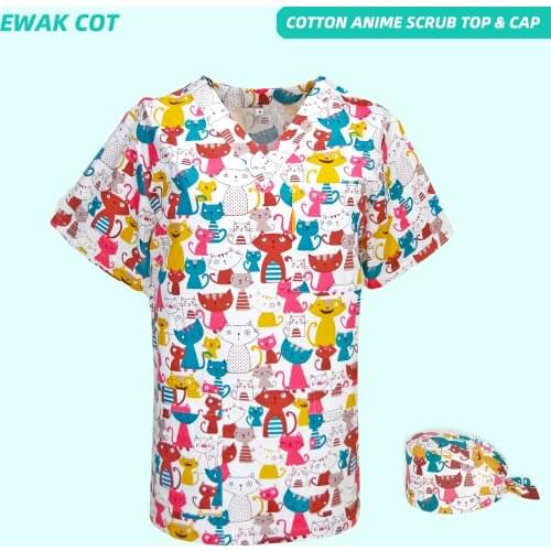 Fashion Scrub Top for Women Men Hospital Working V-neck Uniform Blouse Cotton Cats Printed Nurse Doctor Scrubs Uniforms Tops