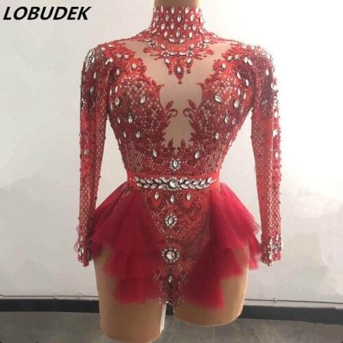 Red Pink Yellow Voile Ruffle Rhinestones Bodysuit Long Sleeve Skinny Leotard Women DJ Pole Dancing Acrobatic Performance Costume