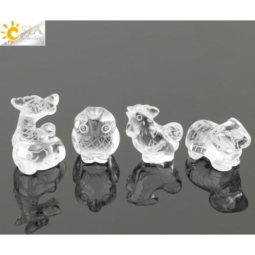 CSJA Natural Stone Rock Crystal Clear Quartz Hand Carved Figurine Dragon Owl Sheep Animal for Home Decor Healing Feng Shui G654