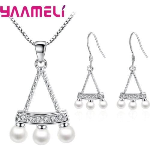 Women Fine 925 Sterling Silver Crystal Pearl Jewelry Sets for Wedding Pendants Necklaces Hook Earring Set Fashion Accessory