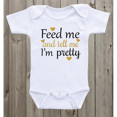 Feed me and tell me I'm pretty girl infant baby bodysuit onepiece romper Outfit Take Home toddler shirt birthday party favors