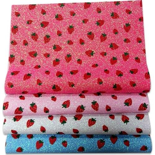 Strawberry Printed Fine Glitter Faux Synthetic Leather Fabric Sheet Material for Making Shoe/Decorative/Craft