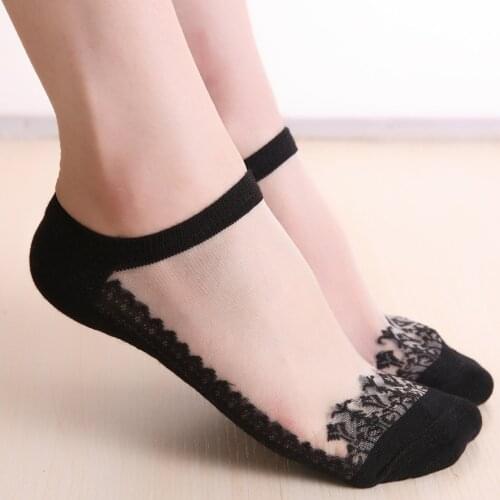 Fashion Female Lace Cotton Show Sanwood Flower Silk Short Ankle Crystal Invisible Liner Short Socks