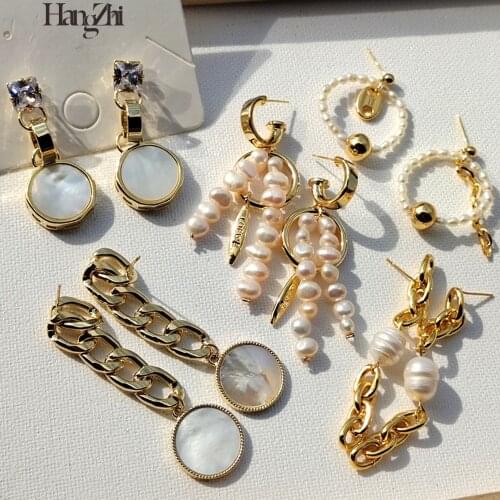HangZhi 2021 New Vintage Baroque Natural Freshwater Pearl Round Shell Link Chain Drop Earrings for Women Elegant Party Jewelry