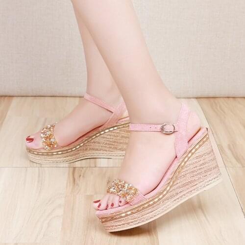 2021 New Womens Wedges Sandals Summer Fashion Sequin Platform Sandals Ankle Strap Open Toe Thick Sole Casual Shoes Woman