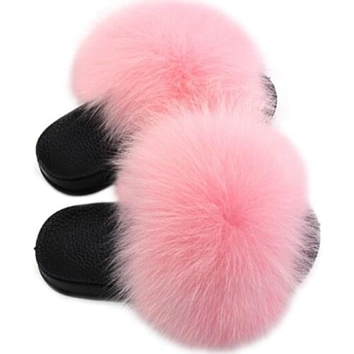 New Leather Grass Fox Fur Slippers Baby Fashion Children Home Fur Flip Flops Kids Real Fox Fur Slippers