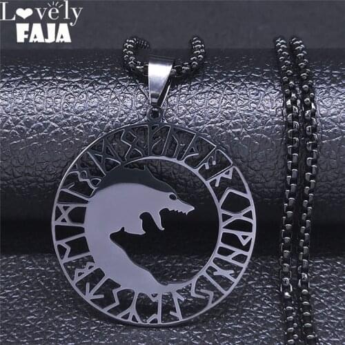 Odins Wolves Stainless Steel Statement Necklace Men Black Color Viking Symbol Logo Sign Necklace Jewelry colier homme N4301S03