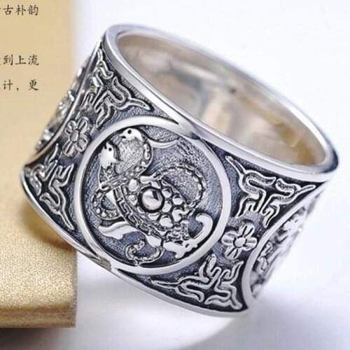 Original Creative Dragon Pattern Chinese Elements No Inlaid Big Domineering Exaggerated Niche Design Mens Ring Silver Jewelry