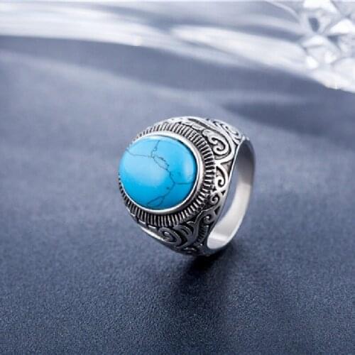 PersonaLized Jewelry Vintage Gem Turquoise Mens Titanium Steel Ring