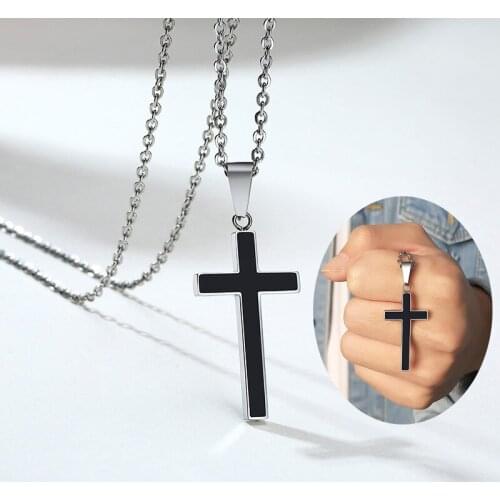 Christian Jesus Single Cross Necklace Stainless Steel Black Silver Color Prayer Choker Pendants Men Jewelry