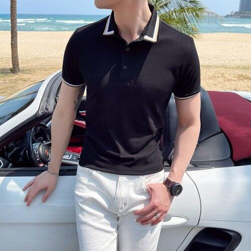 White Black Slim Short Sleeve Polo Shirt Breathable Polo Summer Men British Casual Polo Shirt Stripe Lapel Playera Polo Hombre