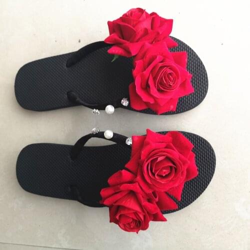 Big Size 42-43 Women Slippers Summer Beach Female Shoes Fashion Girl Flip Flops Red Rose Flower Sandals Water Upstream Shoes