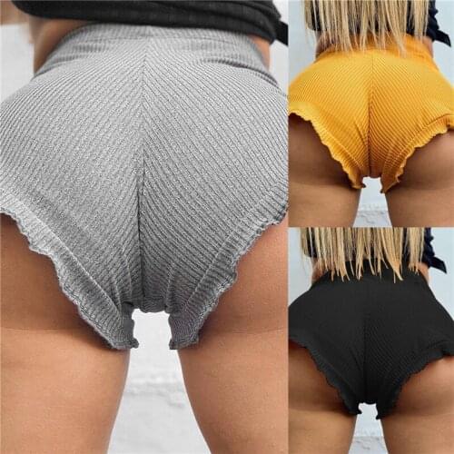 Womens Ribbed Shorts Solid Color High Elastic Waist A-line Ruffle Knit Pants Ladies Bottom Fashion Casual Home Streetwear