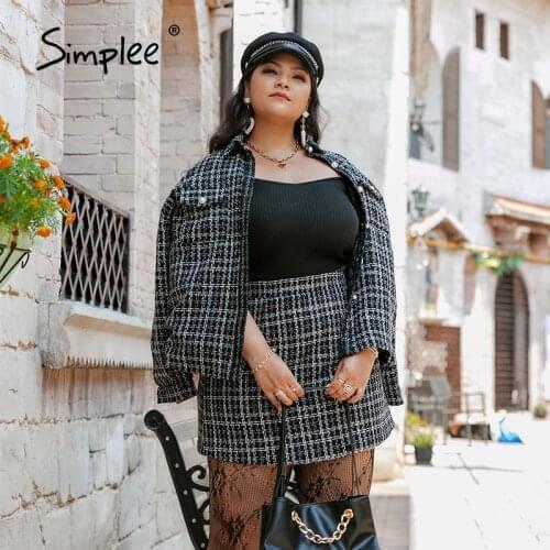 Simplee Autumn Plaidge Office Ladies Plus Size Coats Black Button Lapel Collar Women Coat Full Sleeves Female Casual Coats 2021