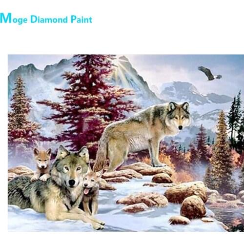 Snow Mountain Wolf Family Diamond Painting Round Full Drill Animal Scenic Nouveaute DIY Mosaic Embroidery 5D Cross Stitch Winter
