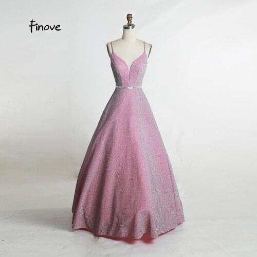 Finove Reflective Dress 2020 Elegant Evening Dress Sparkly Materials Sexy V Neck With Crystals A Line Dress Gowns Robe De Soiree