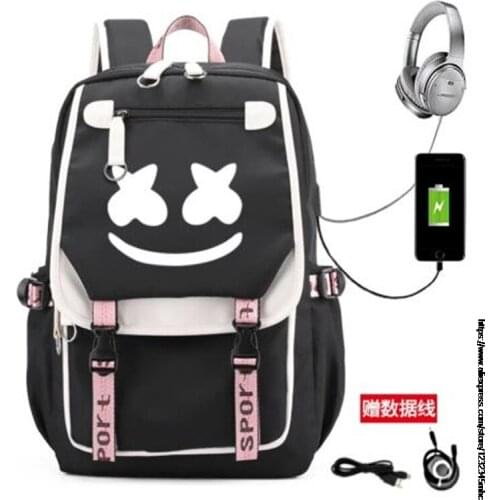 USB DJ Marshmello Luminous Backpack Women Men School Bags for Teenage Boys Back Pack Large Capacity Black Teen schoolBag