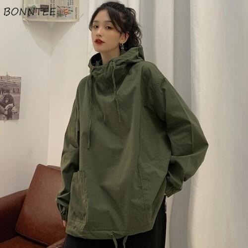 Hoodies Women Solid Long Sleeve Cargo Style Loose Wind-proof Oversize Pullovers Couples Retro Ulzzang Streetwear Bf Sweatshirts