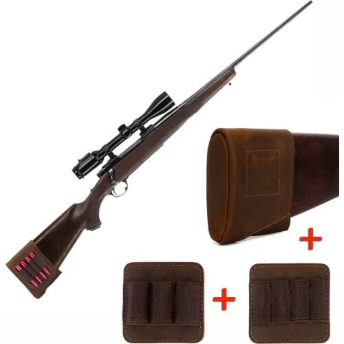 Tourbon Tactical Hunting Leather Shooting Slip on Gun Buttstock Recoil Pad with 2Pcs Rifle Shotgun Ammo Cartridge Holder Clip