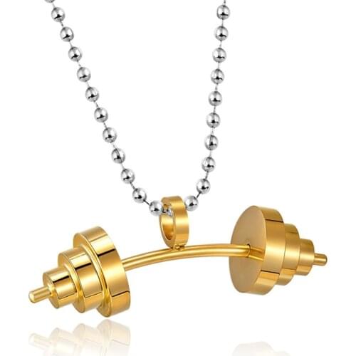 Trendy Titanium Stainless Sport Fitness Barbell Dumbbell Pendant Necklaces For Men Women Jewelry Gold/Silver/Black Color