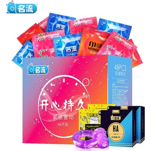 Mingliu 48pcs Super Tight Condoms Lubricating Penis Sleeve Ultra Thin G-spot Condones With 10g Lubricant + Penis Ring Vibrator