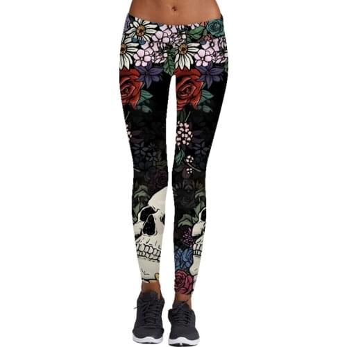 6 Patterns Women Elastic Sports Pants High Waist Black Skull Floral Fitness Running Leggings