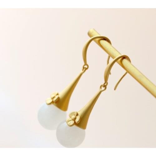 Handmade Creative Female Trendy Natural White Jade Sterling Silver Earring 18K Gold Plated Tide Flow High Quality Jewelry Gift