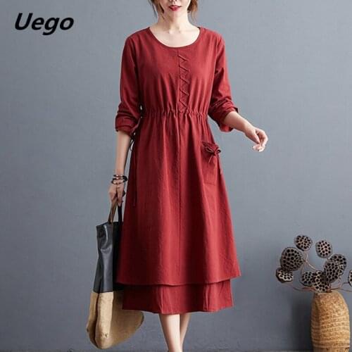 2021 New Arrival Long Sleeve Autumn Dress Draw String Slim Waist Office Lady Work Dress Female Women Casual Spring Midi Dress