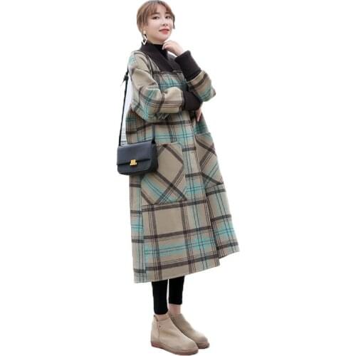 2021New Autumn Winter lattice Long Woolen Coat Women Casual Jacket Fashion Single-Breasted Outerwear Warm Female Wool Coat