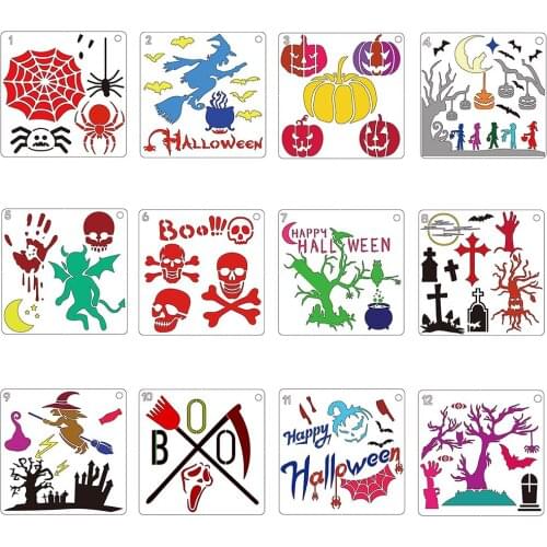 12Pcs Reusable Graffiti Painting Stencils Halloween Theme for Floor Wall Tile Furniture Wood Tiles Reusable Painting Kit