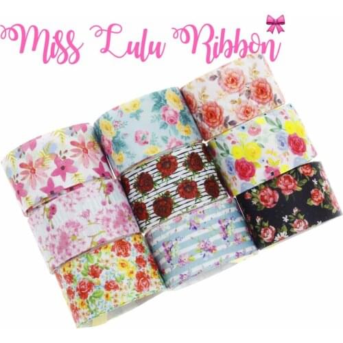 16mm-75mm Flower Series Printed Grosgrain/Foe Ribbon Hair Band Making 50yards/roll Colorful Stripes Flora Patterns