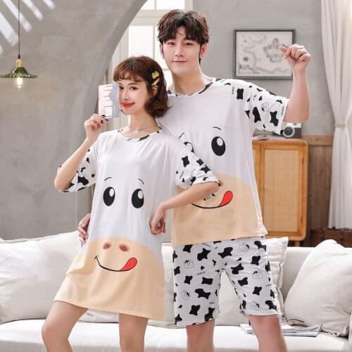 2021 Summer Couple Short Sleeve Nightgowns for Women Cute Cartoon Cow Sleepwear Night Dress Nightdress Men Homewear Home Clothes