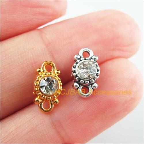 35Pcs Retro Gold Tibetan Silver Tone Round Flower Clear Crystal Charms Connectors 6.5x11.5mm