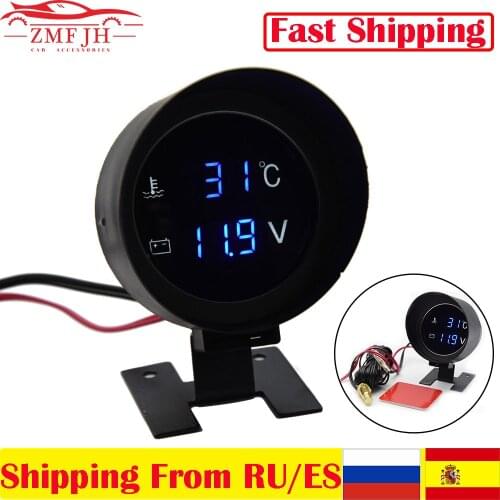 2 In 1 Round LCD Digital Gauge 12/24V Truck Car Water Temperature Gauge+Voltmerer Meter+Temperature Sensor 10mm Universal Gauge