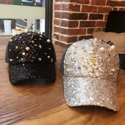 H7619 Women Baseball Hat Girl Summer Sunshade Sunscreen Fashion Cap Female Pearl Sequin Diamond Mesh Yarn Anti-UV Baseball Hats