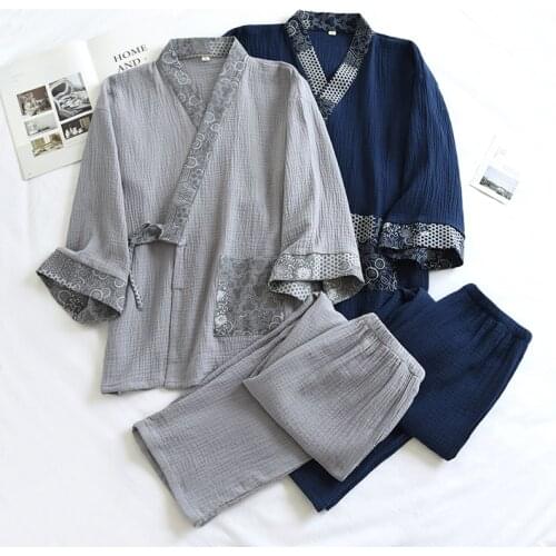 2021 2pcs men japanese style home clothing sets kawaii printed kimono yukata cotton steaming wear pajamas men bathrobe nightgown