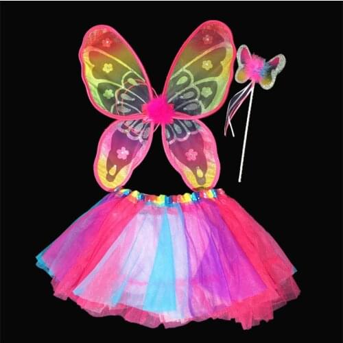 Colorful Girl Fairy Wing Skirt Magic Rod Wands Princess Butterfly Costume Wings for Kids Dress Up Birthday Party Festival Decor