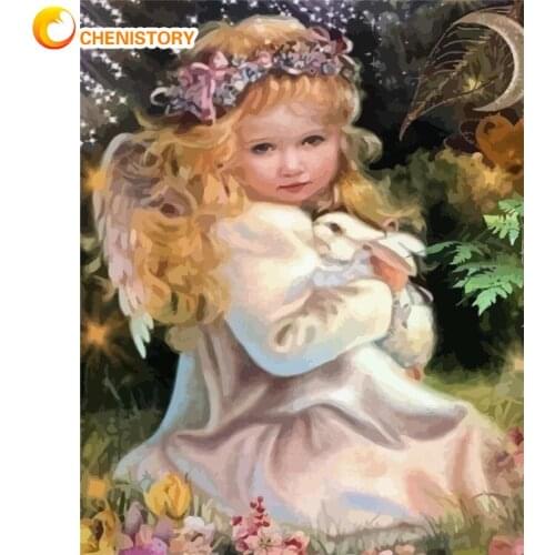 CHENISTORY Paint By Number Angel Girl Drawing On Canvas DIY Pictures By Numbers Rabbit Kits Handpainted Picture Gift Home Decor