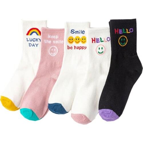 5 Pairs Women Socks Set Spring Autumn Japanese Cartoon Smiley Letter Pure Cotton Rainbow Soft Breathable Cute Sweet Harajuku