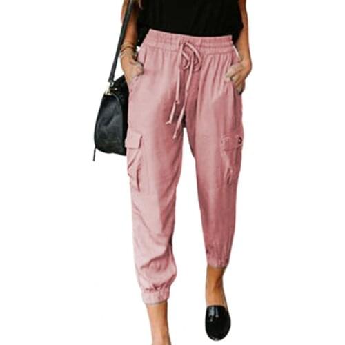Elastic Waist Solid Color Women Trousers Thin Multi-pockets Ankle Banded Drawstring Long Pants 2021 New Fashion Female Clothing