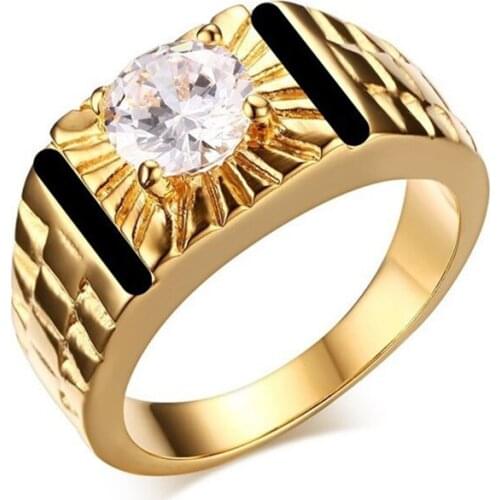 Ofertas Wholesale Vintage Golden Color Black Enamel Round White Zircon Ring for Men Party Wedding Engagement Male Rings Jewelry
