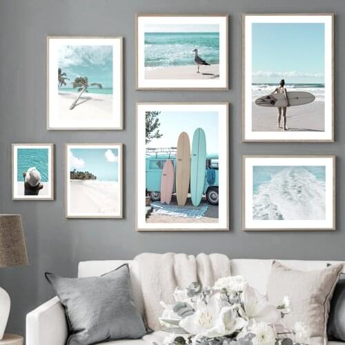 Sky Sea Beach Wave Surfboard Palm Girl Wall Art Canvas Painting Nordic Posters And Prints Wall Pictures For Living Room Decor