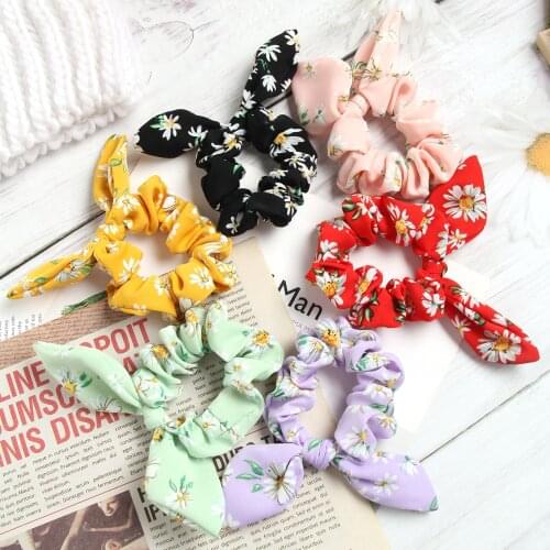 Fashion Women Girls Bowknot Elastic Hair Bands Daisy Printted Headband Hair Ties Ponytail Holder Rabbit Ears Hair Accessorie