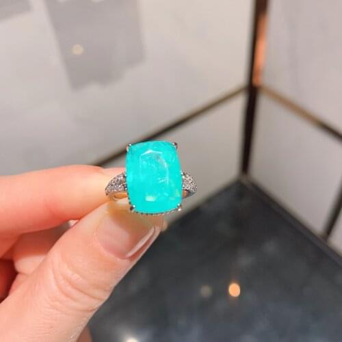 QTT 925 Sterling Silver Luxury Paraiba Ring for Women Square Tourmaline Gemstone Rings 2021 Trend Female Love Jewelry