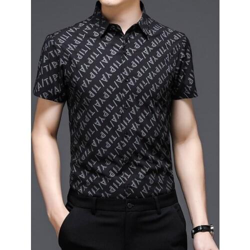 Business Ice Silk Shirts Letter Printed Stylish Mens Work Shirts White Office Wear Large Sizes Clothes For Mens Middle Aged