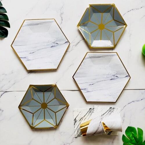 Hexagon Marble Plate Disposable Tableware Set Paper Plate Paper Cup Paper Towel Birthday Party Banquet