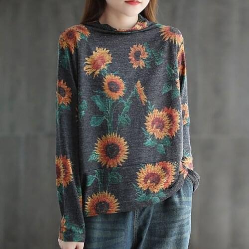 Vintage Blouse Women Turtleneck Tunics Ladies Tops Long Sleeve Autumn Winter Thicken Fleece Basic Tee Shirt Floral Loose Casual
