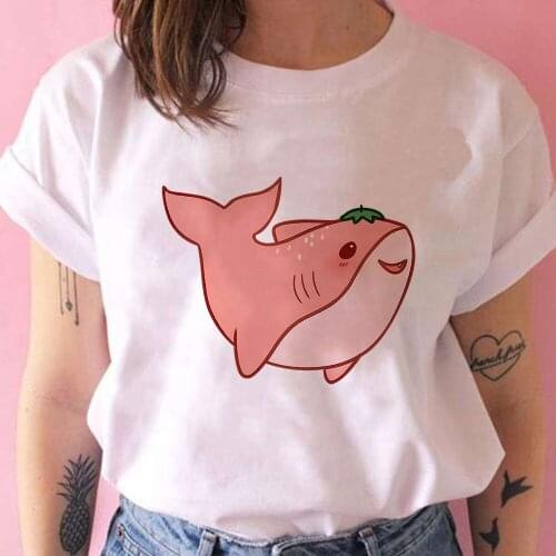 Pink Little shark Printed Women T Shirt Versatile Exquisite Cartoon Animals Series Short Sleeve Camiseta T-shirt Casual Tumblr