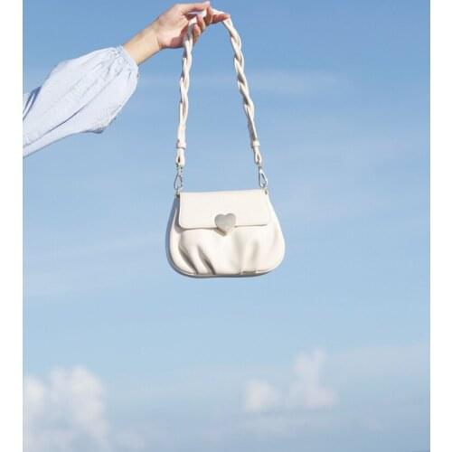 Womens New Tide Soft Leather Heart Buckle Fold Small Round Shoulder Bag