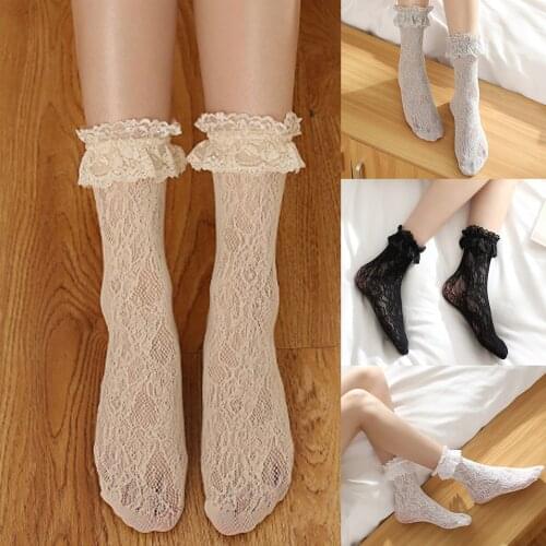 Women Girls Sweet Retro Lolita Lace Socks Ruffle Casual Princess Socks Mesh Sheer Solid Vintage Floral Ankle High Stocking